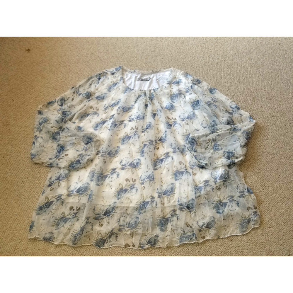 Womens Top-ELENA BALDI-ITALY-white/blue floral silk lined delicate tunic ls-3X